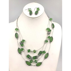 Silver Tone Green Satellite Floating Bead‎ Layering Necklace 18" earring set
